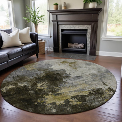 8' Brown Gold And Silver Abstract Washable Round Rug With UV Protection