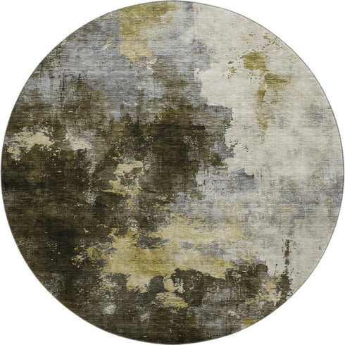 8' Brown Gold And Silver Abstract Washable Round Rug With UV Protection