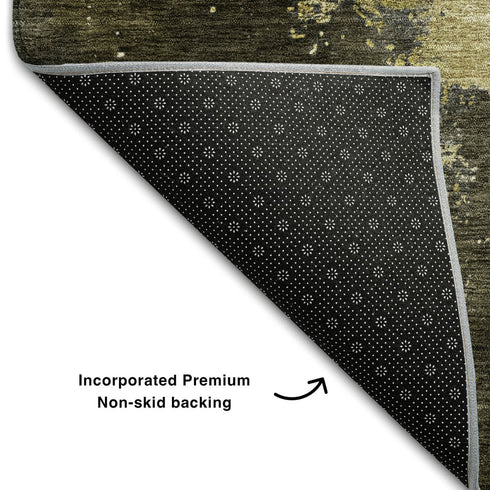 8' Brown Gold And Silver Abstract Washable Round Rug With UV Protection