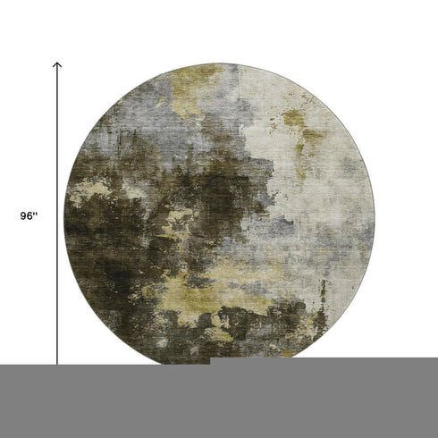 8' Brown Gold And Silver Abstract Washable Round Rug With UV Protection