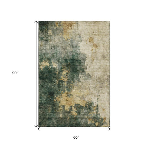 5' X 8' Fern Green Gold And Silver Abstract Washable Area Rug With UV Protection