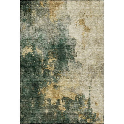 5' X 8' Fern Green Gold And Silver Abstract Washable Area Rug With UV Protection