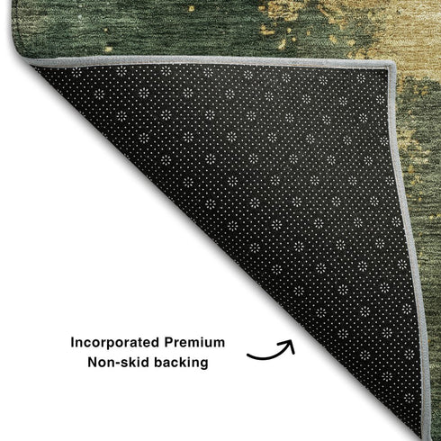 5' X 8' Fern Green Gold And Silver Abstract Washable Area Rug With UV Protection