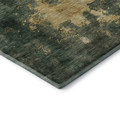 5' X 8' Fern Green Gold And Silver Abstract Washable Area Rug With UV Protection
