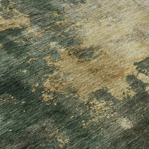 5' X 8' Fern Green Gold And Silver Abstract Washable Area Rug With UV Protection