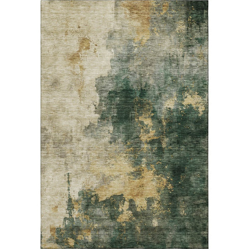 5' X 8' Fern Green Gold And Silver Abstract Washable Area Rug With UV Protection
