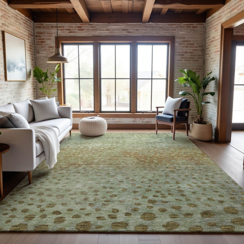8' X 10' Artichoke Green And Copper Polka Dot Washable Area Rug With UV Protection