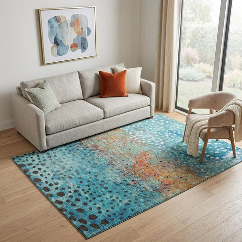 5' X 8' Blue Copper And Ivory Polka Dot Washable Area Rug With UV Protection