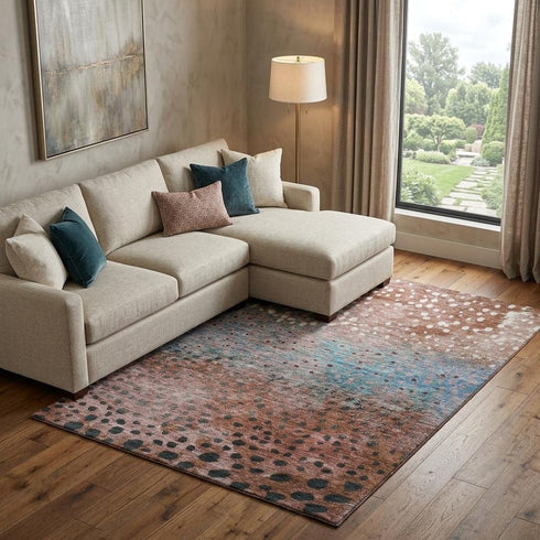 8' X 10' Rust Teal And Ivory Polka Dot Washable Area Rug With UV Protection