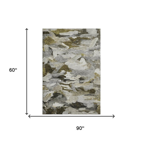 5' X 8' Granite Gray Beige And Gold Abstract Washable Area Rug With UV Protection