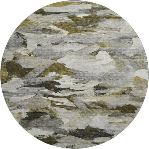 8' Granite Gray Beige And Gold Abstract Washable Round Rug With UV Protection