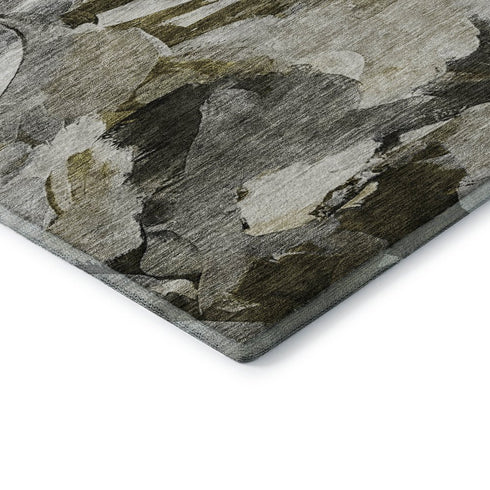 8' Granite Gray Beige And Gold Abstract Washable Round Rug With UV Protection