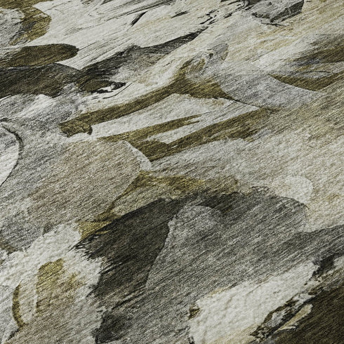 8' Granite Gray Beige And Gold Abstract Washable Round Rug With UV Protection