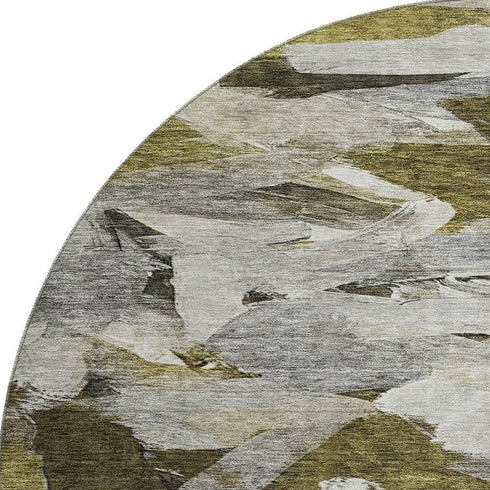 8' Granite Gray Beige And Gold Abstract Washable Round Rug With UV Protection