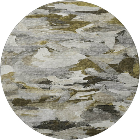 8' Granite Gray Beige And Gold Abstract Washable Round Rug With UV Protection