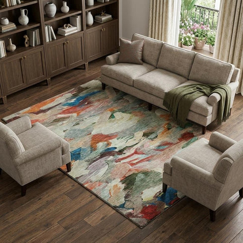 9' X 12' Green Orange And Teal Abstract Washable Area Rug With UV Protection