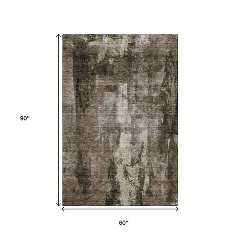 5' X 8' Brown And Beige Abstract Washable Area Rug With UV Protection