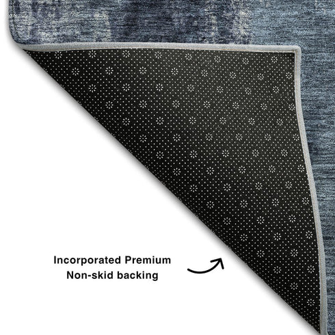 5' X 8' Navy Blue And Silver Abstract Washable Area Rug With UV Protection