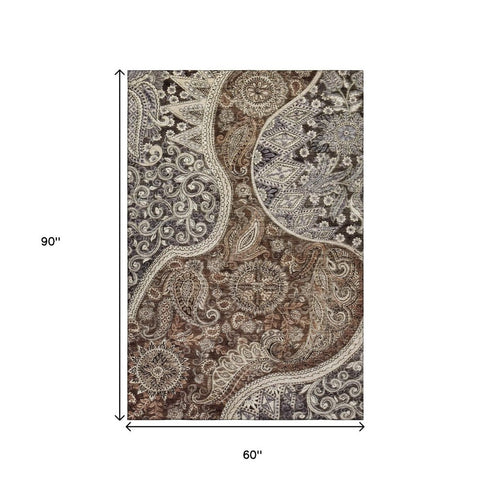 5' X 8' Brown Beige And Taupe Paisley Washable Area Rug With UV Protection