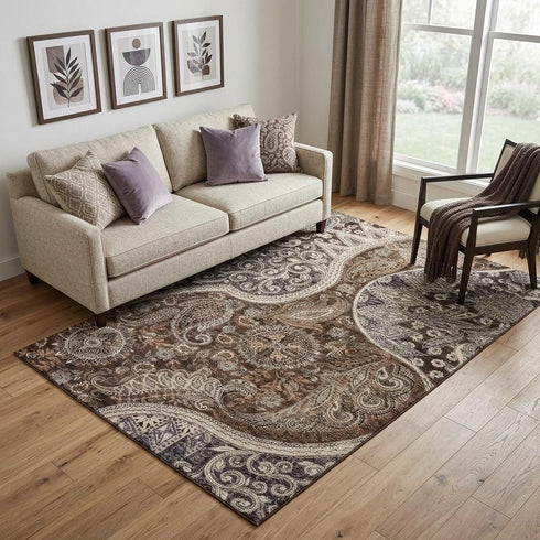 5' X 8' Brown Beige And Taupe Paisley Washable Area Rug With UV Protection
