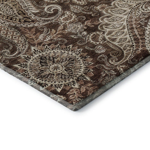 5' X 8' Brown Beige And Taupe Paisley Washable Area Rug With UV Protection