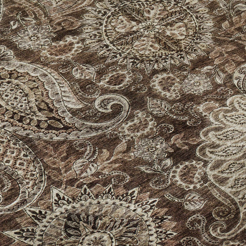 5' X 8' Brown Beige And Taupe Paisley Washable Area Rug With UV Protection