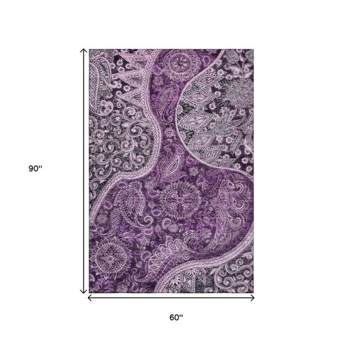 5' X 8' Purple And Charcoal Paisley Washable Area Rug With UV Protection