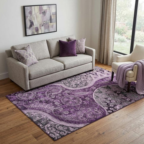 5' X 8' Purple And Charcoal Paisley Washable Area Rug With UV Protection