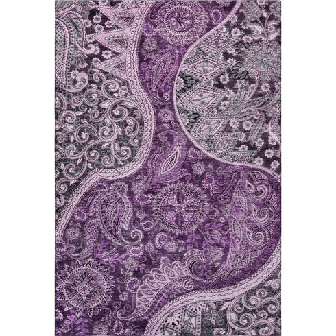 5' X 8' Purple And Charcoal Paisley Washable Area Rug With UV Protection