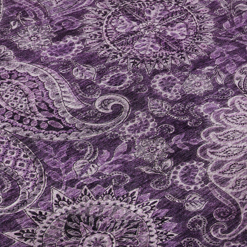 5' X 8' Purple And Charcoal Paisley Washable Area Rug With UV Protection