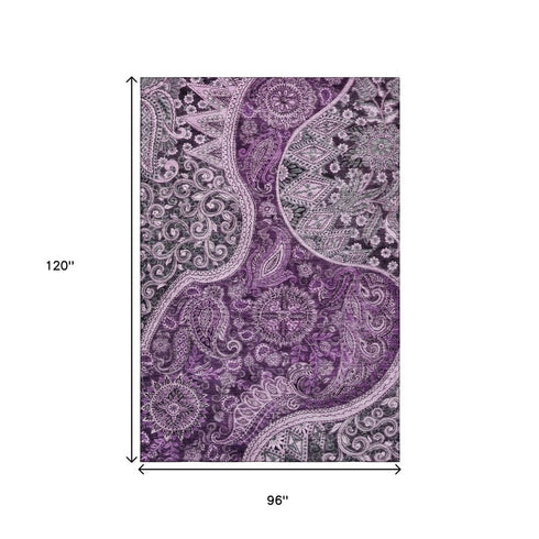 8' X 10' Purple And Charcoal Paisley Washable Area Rug With UV Protection