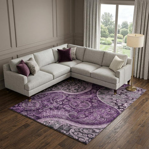 8' X 10' Purple And Charcoal Paisley Washable Area Rug With UV Protection