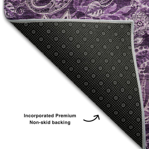8' X 10' Purple And Charcoal Paisley Washable Area Rug With UV Protection