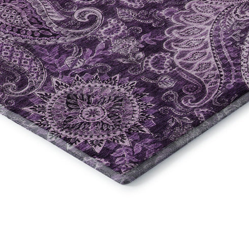 8' X 10' Purple And Charcoal Paisley Washable Area Rug With UV Protection