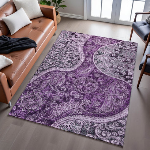 8' X 10' Purple And Charcoal Paisley Washable Area Rug With UV Protection