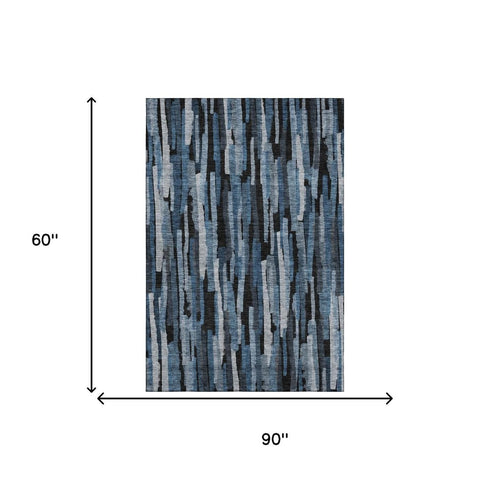 5' X 8' Blue Charcoal And Silver Striped Washable Area Rug With UV Protection