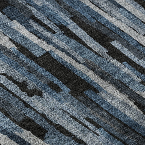 5' X 8' Blue Charcoal And Silver Striped Washable Area Rug With UV Protection