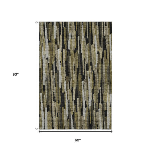 5' X 8' Brown Charcoal And Gray Striped Washable Area Rug With UV Protection