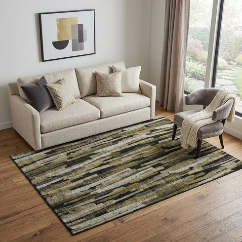 5' X 8' Brown Charcoal And Gray Striped Washable Area Rug With UV Protection