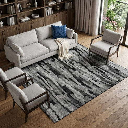 8' X 10' Gray And Silver Striped Washable Area Rug With UV Protection