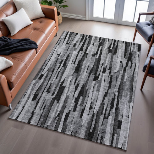 8' X 10' Gray And Silver Striped Washable Area Rug With UV Protection