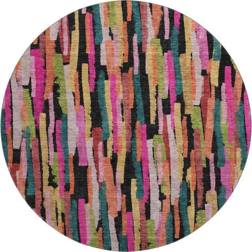 8' Pink Teal And Orange Striped Washable Round Rug With UV Protection