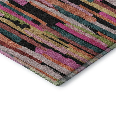 8' Pink Teal And Orange Striped Washable Round Rug With UV Protection