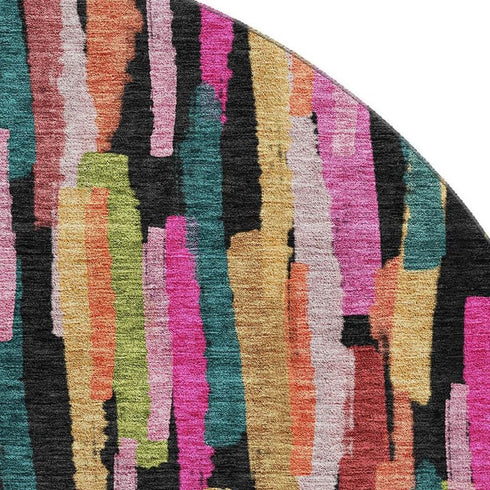8' Pink Teal And Orange Striped Washable Round Rug With UV Protection