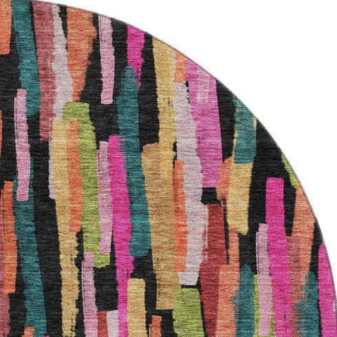 8' Pink Teal And Orange Striped Washable Round Rug With UV Protection