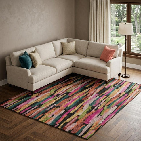 8' X 10' Pink Teal And Orange Striped Washable Area Rug With UV Protection