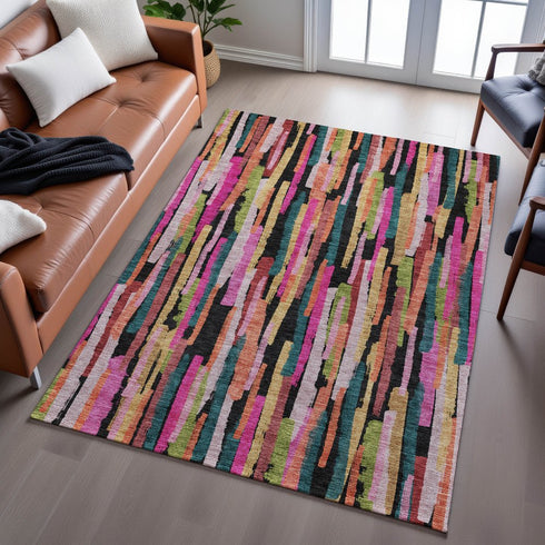 8' X 10' Pink Teal And Orange Striped Washable Area Rug With UV Protection