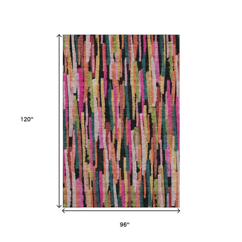 8' X 10' Pink Teal And Orange Striped Washable Area Rug With UV Protection