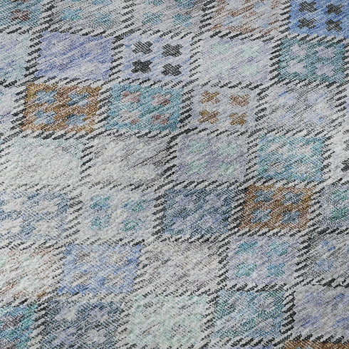 5' X 8' Blue Copper And Silver Geometric Washable Area Rug With UV Protection