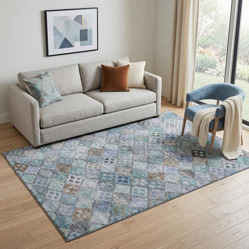 5' X 8' Blue Copper And Silver Geometric Washable Area Rug With UV Protection